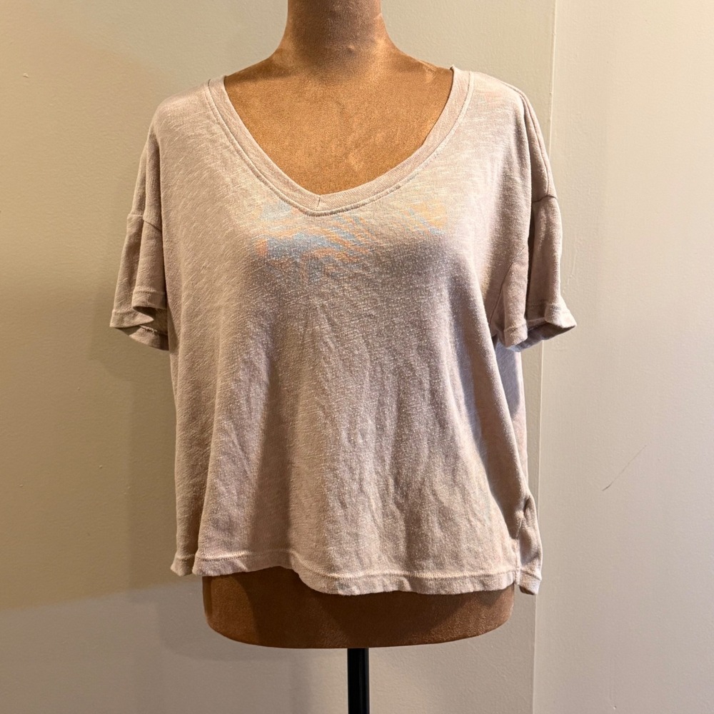 Project Social T V-Neck Women XS Tan Slub Knit Short Sleeve Oversized USA Casual
